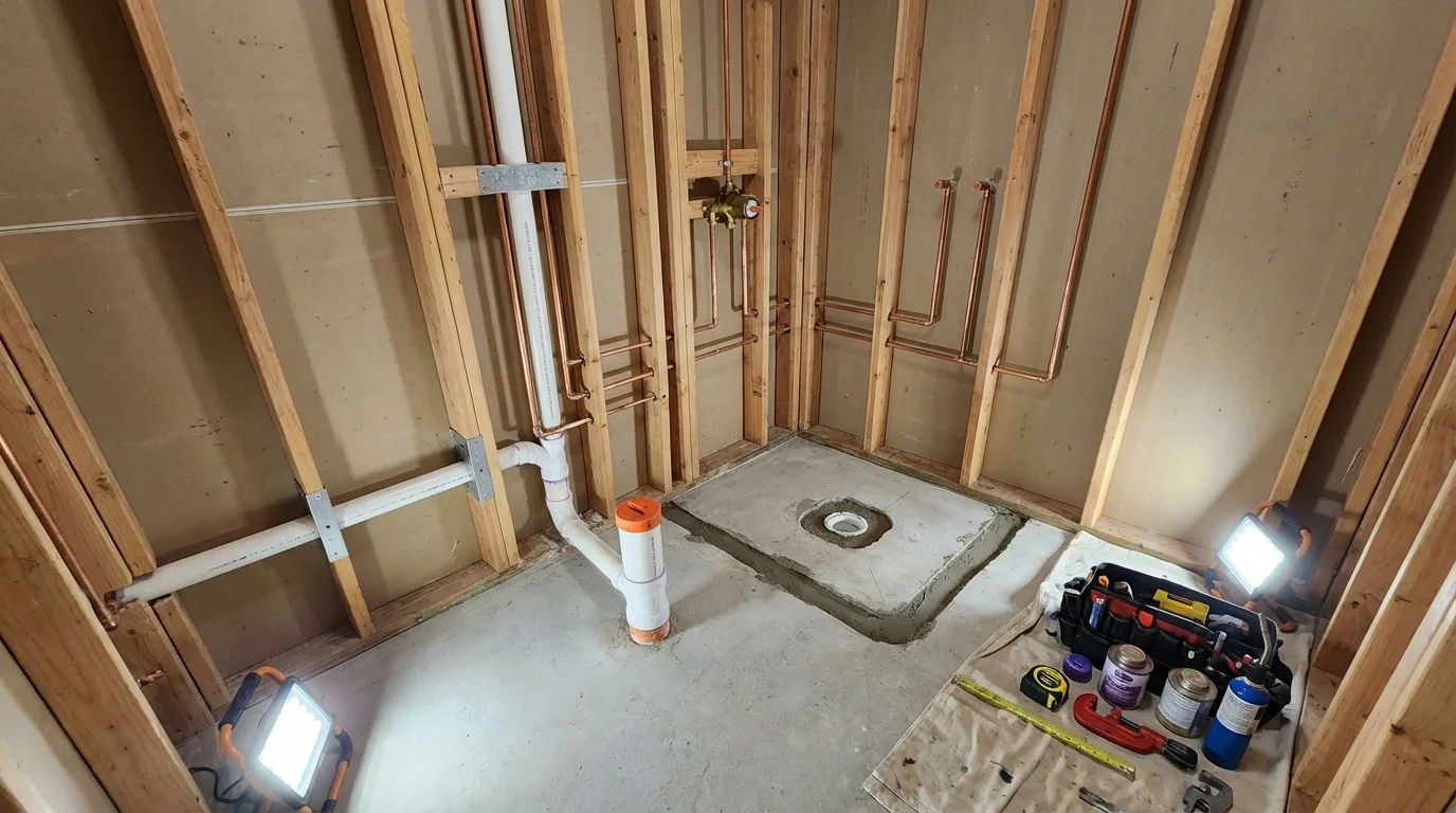 Bathroom rough-in plumbing during remodel by Johns Plumbing LLC in Hampshire