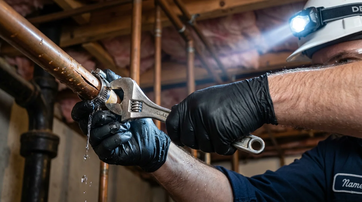 Emergency pipe clamp repair being performed by a Johns Plumbing LLC plumber in Hampshire
