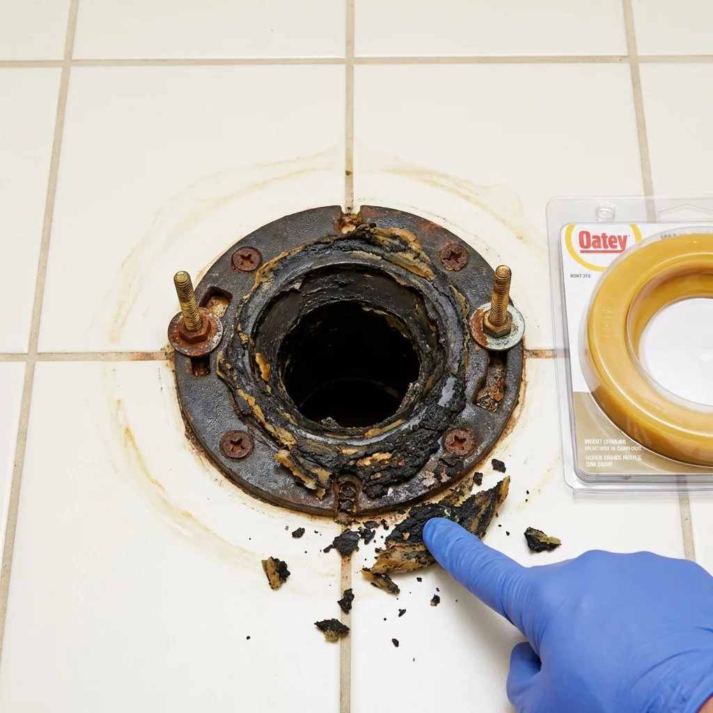 Failed wax ring showing water seepage at the base of a toilet in a Hampshire, IL home