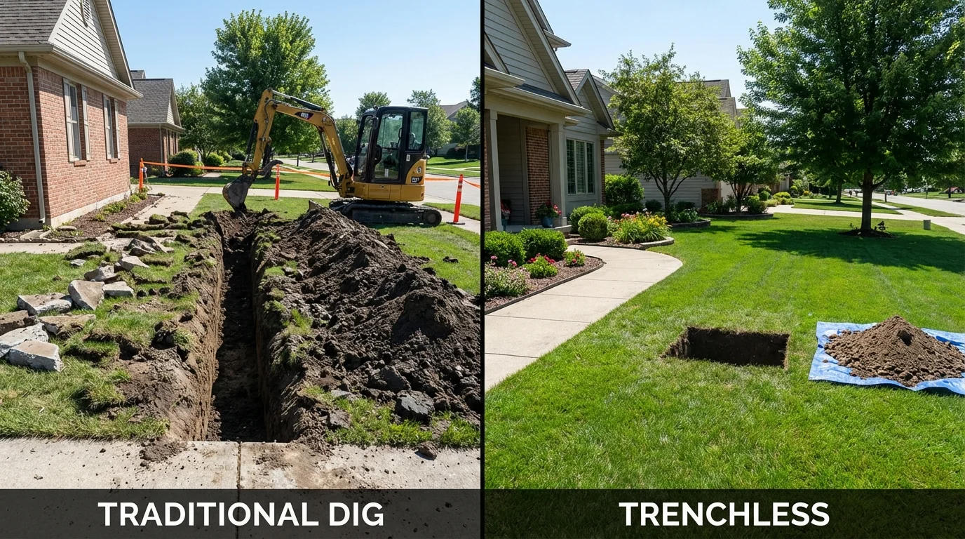 Trenchless sewer repair with minimal yard damage versus traditional excavation in Hampshire, IL
