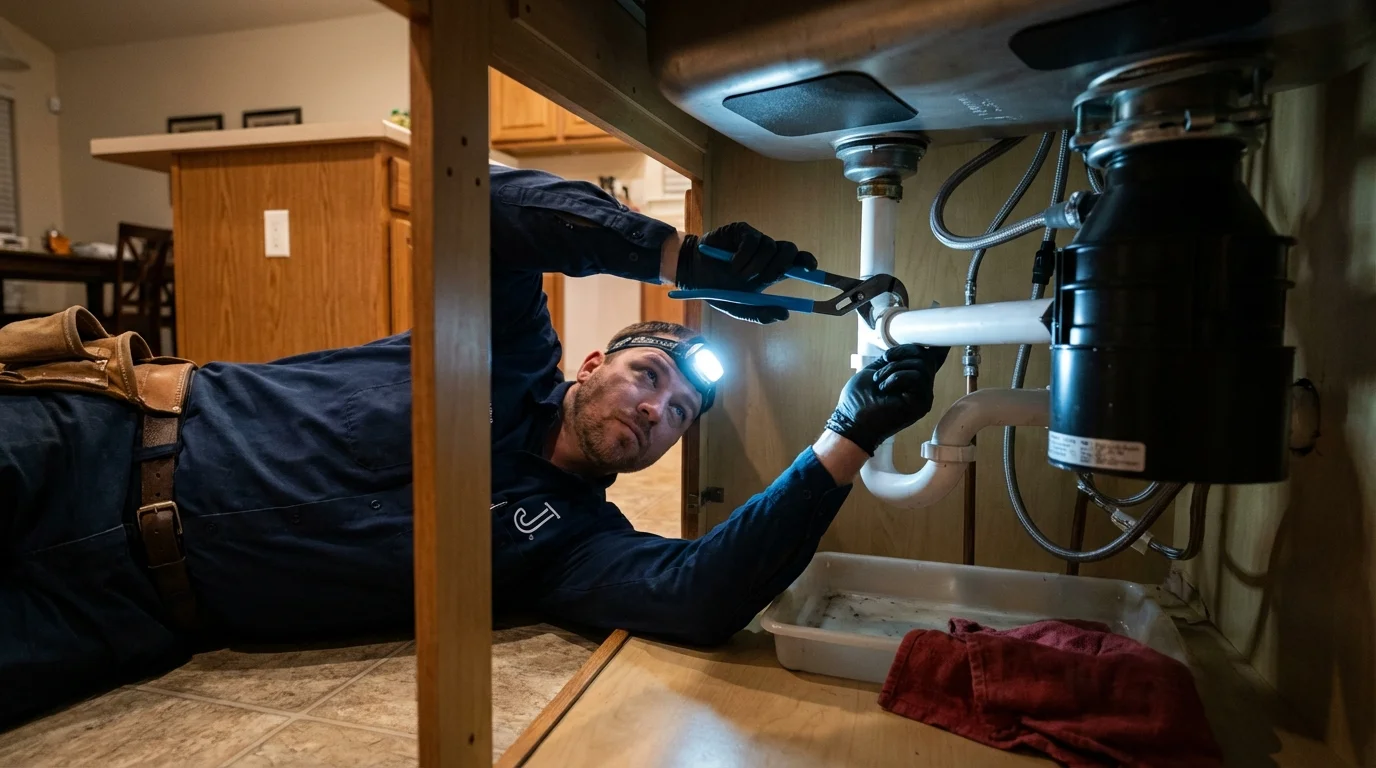 P-trap and supply line connections under a kitchen sink showing a common leak point in Hampshire, IL